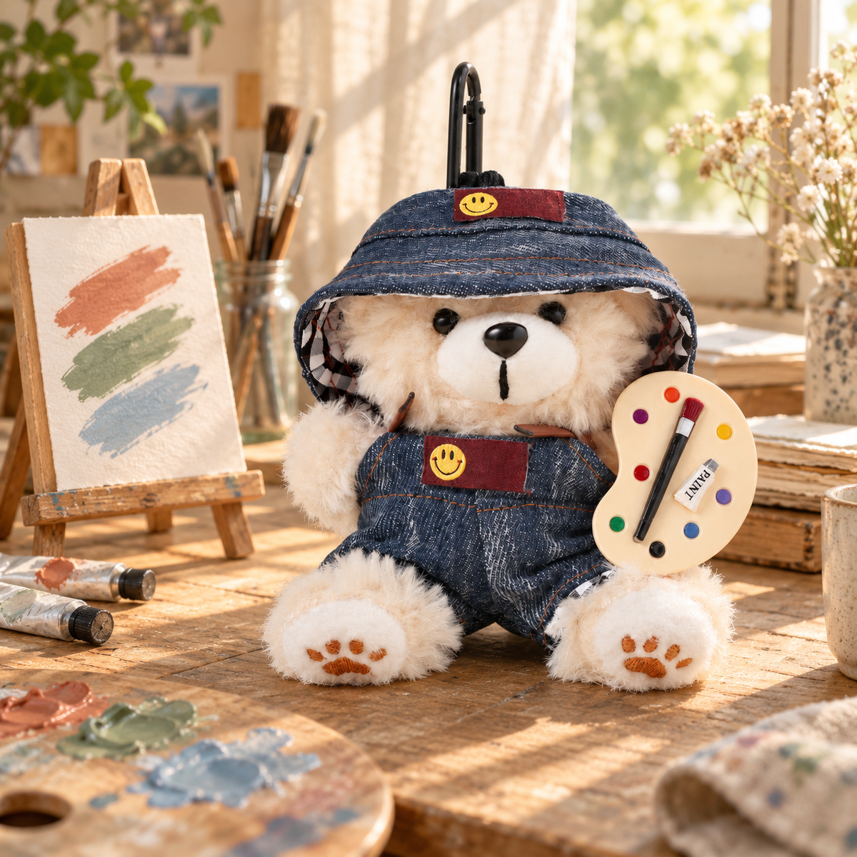 Bucket Hat Painter Bear Plush Bag Charm in a richly styled lifestyle scene