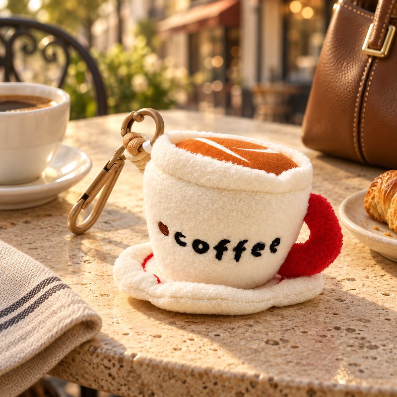 Café Breakfast Plush Bag Charm in a richly styled lifestyle scene