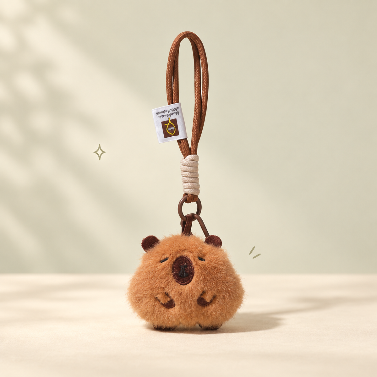 Capybara Plush Charm on a softly lit cream and pastel background.