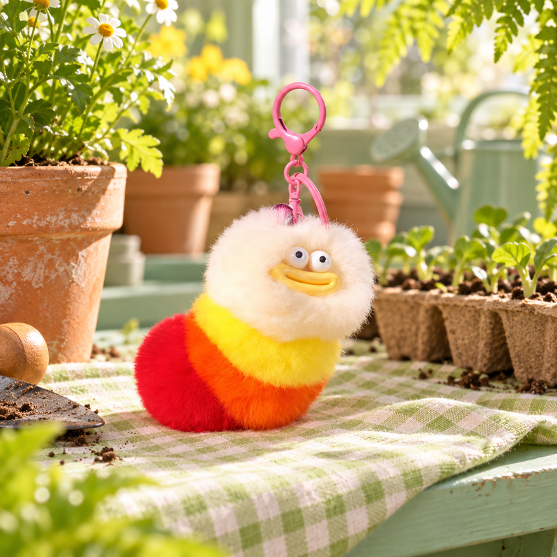 Caterpillar Plush Charm in a styled storybook scene