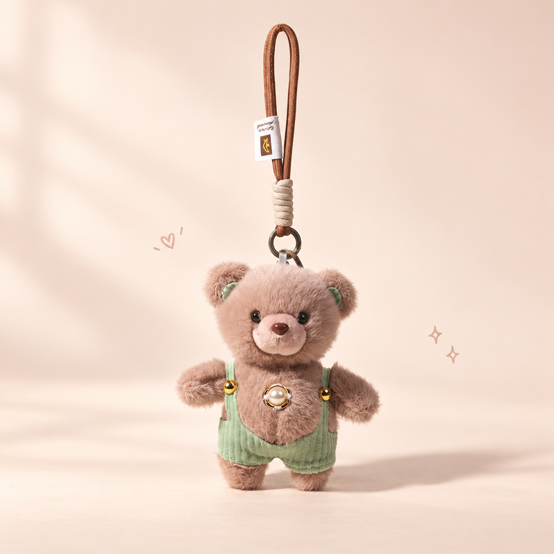 Charming Teddy Plush Keychain on a softly lit cream and pastel background.