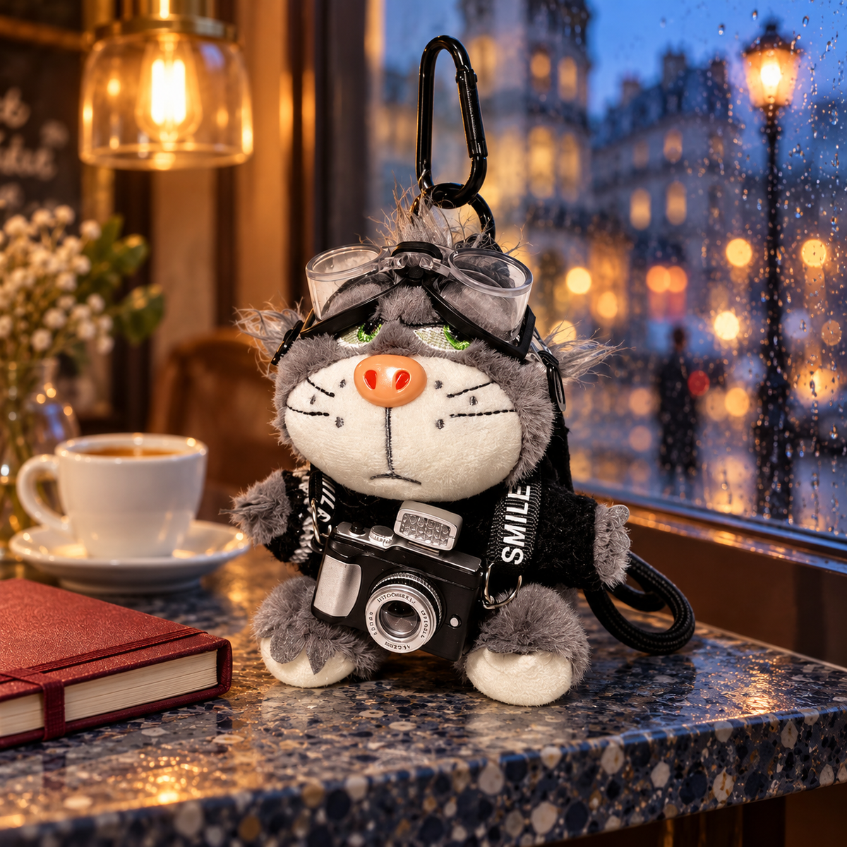 Cool Cat Plush Keychain in a styled storybook scene