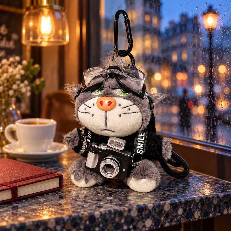 Cool Cat Plush Keychain in a styled storybook scene