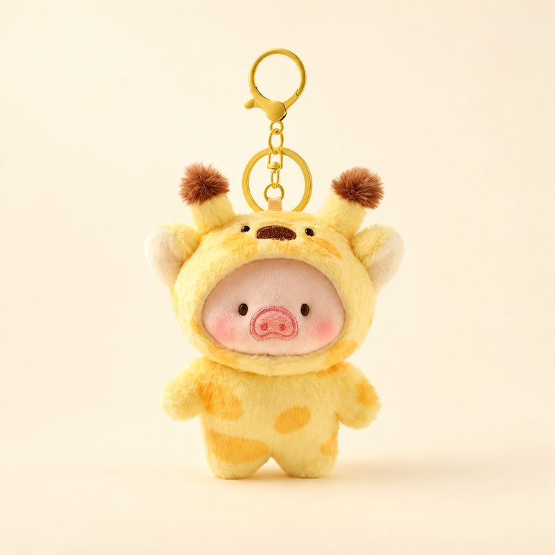 Pig plush bag charm wearing a yellow giraffe costume