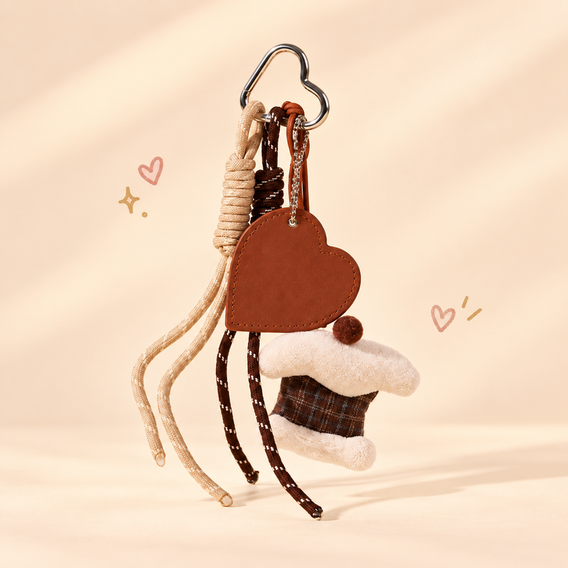 Cozy Cake & Woodland Bag Charm on a soft pastel background