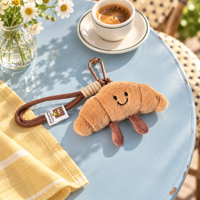 Croissant Buddy Plush Charm in a styled storybook scene