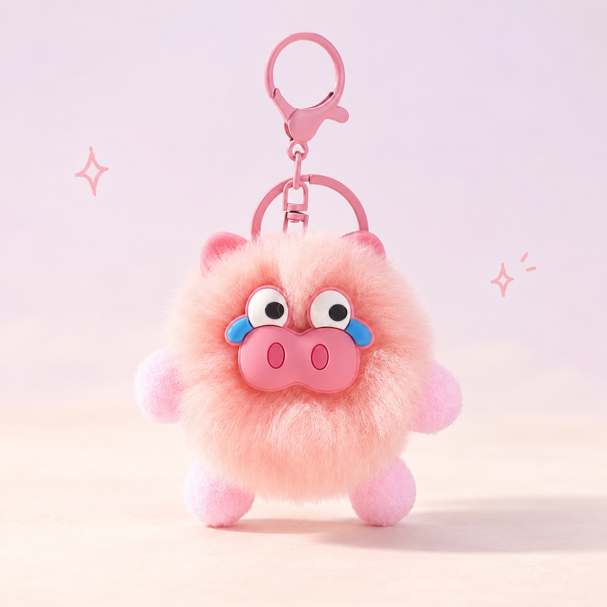 Crying Face Animal Plush Charm Series on a softly lit cream and pastel background.