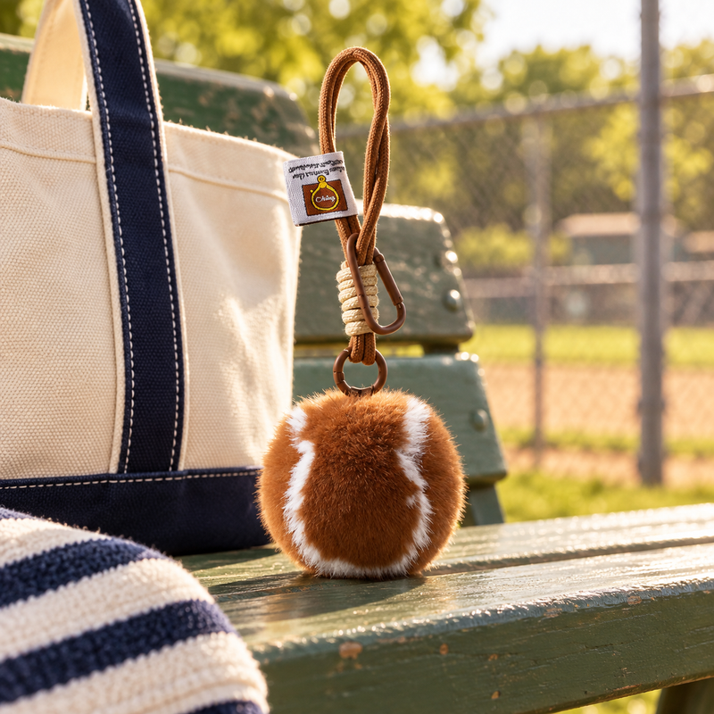 Faux Fur Baseball Charm in a styled storybook scene