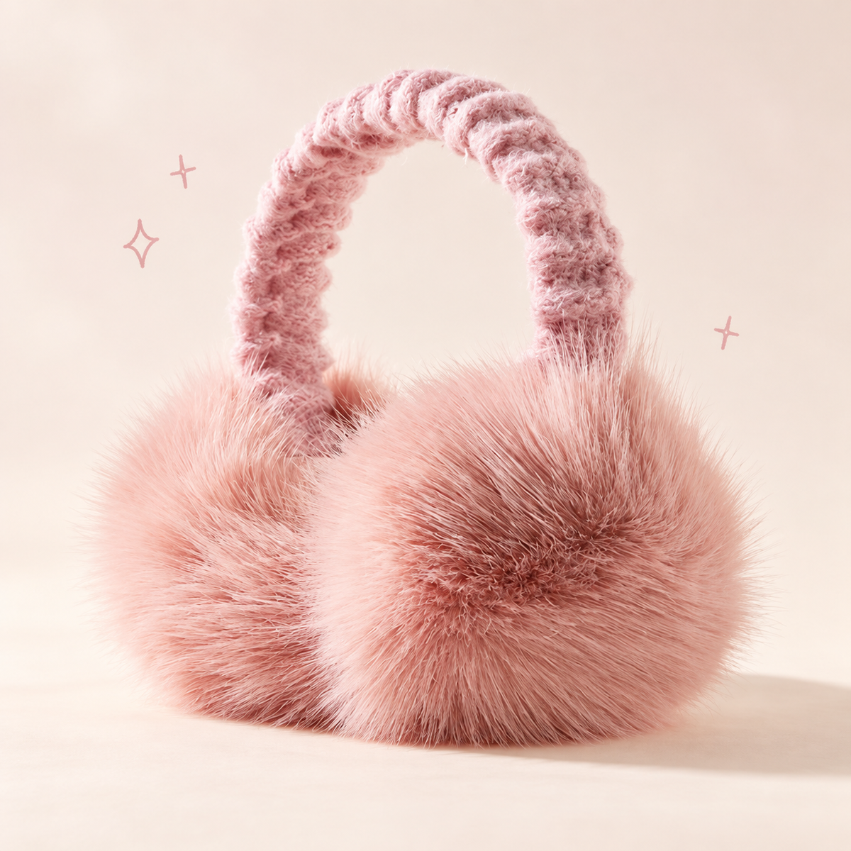 Faux Fur Foldable Earmuffs on a softly lit cream and pastel background.