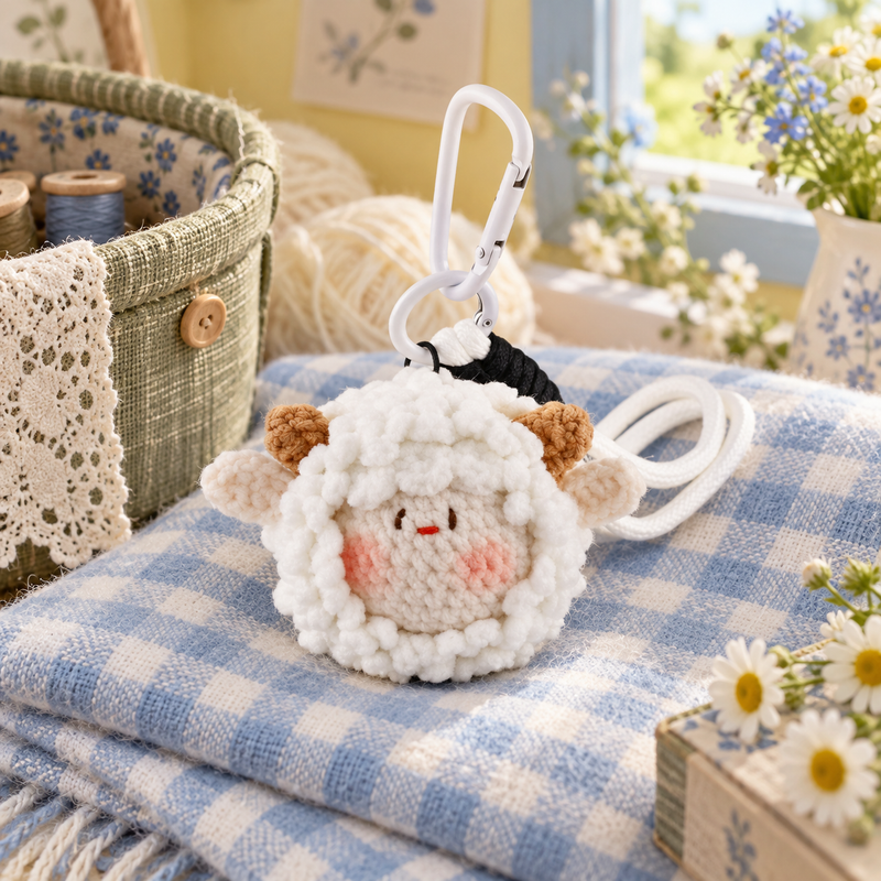 Fluffy Sheep Plush Keychain in a styled storybook scene