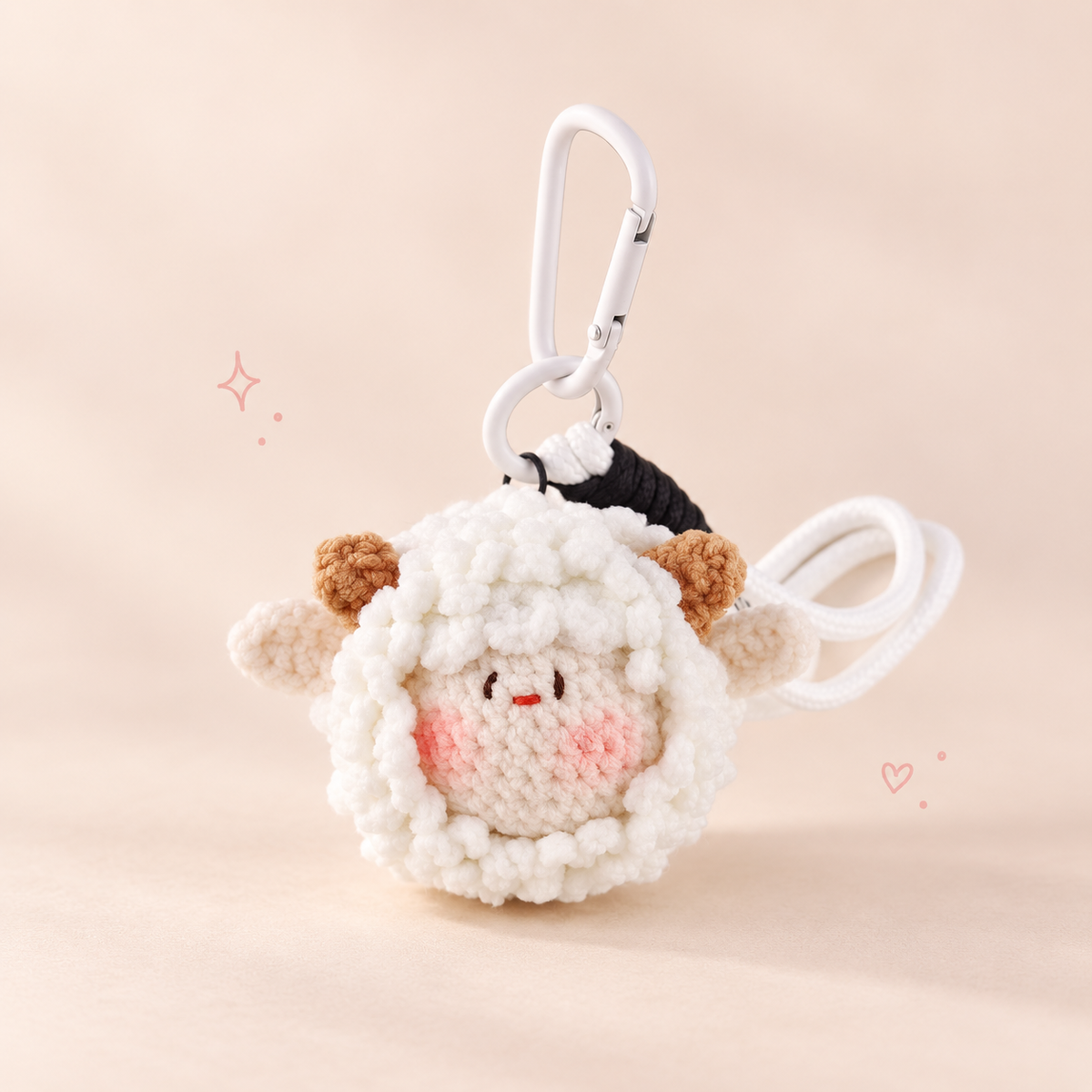 Fluffy Sheep Plush Keychain on a softly lit cream and pastel background.