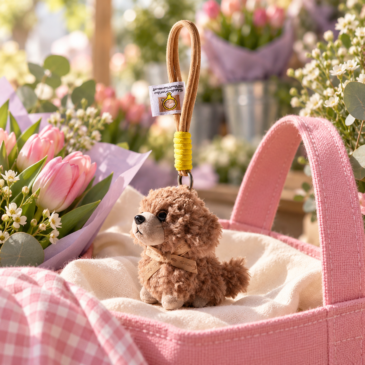 Fluffy Teddy Puppy Bag Charm in a styled storybook scene