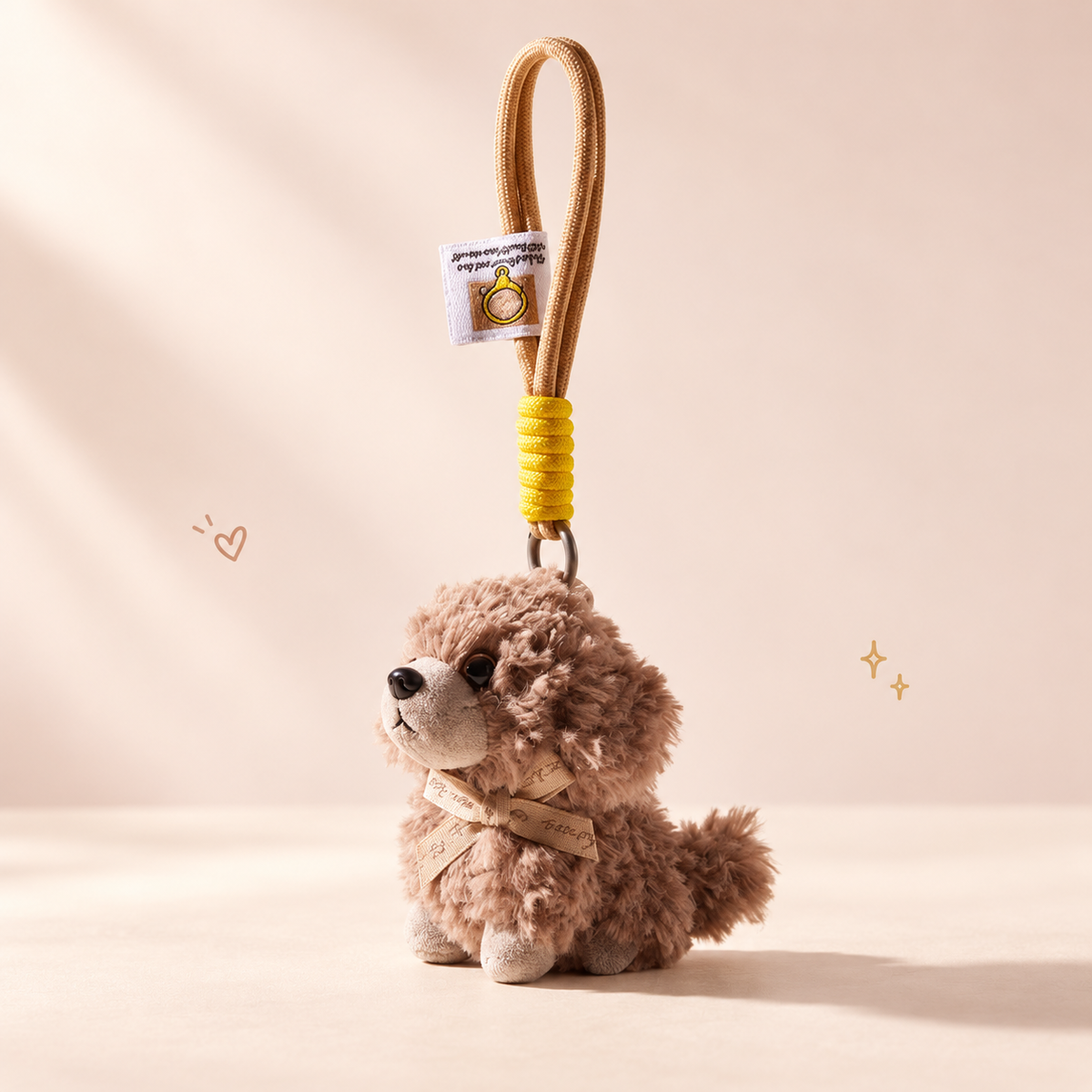 Fluffy Teddy Puppy Bag Charm on a softly lit cream and pastel background.