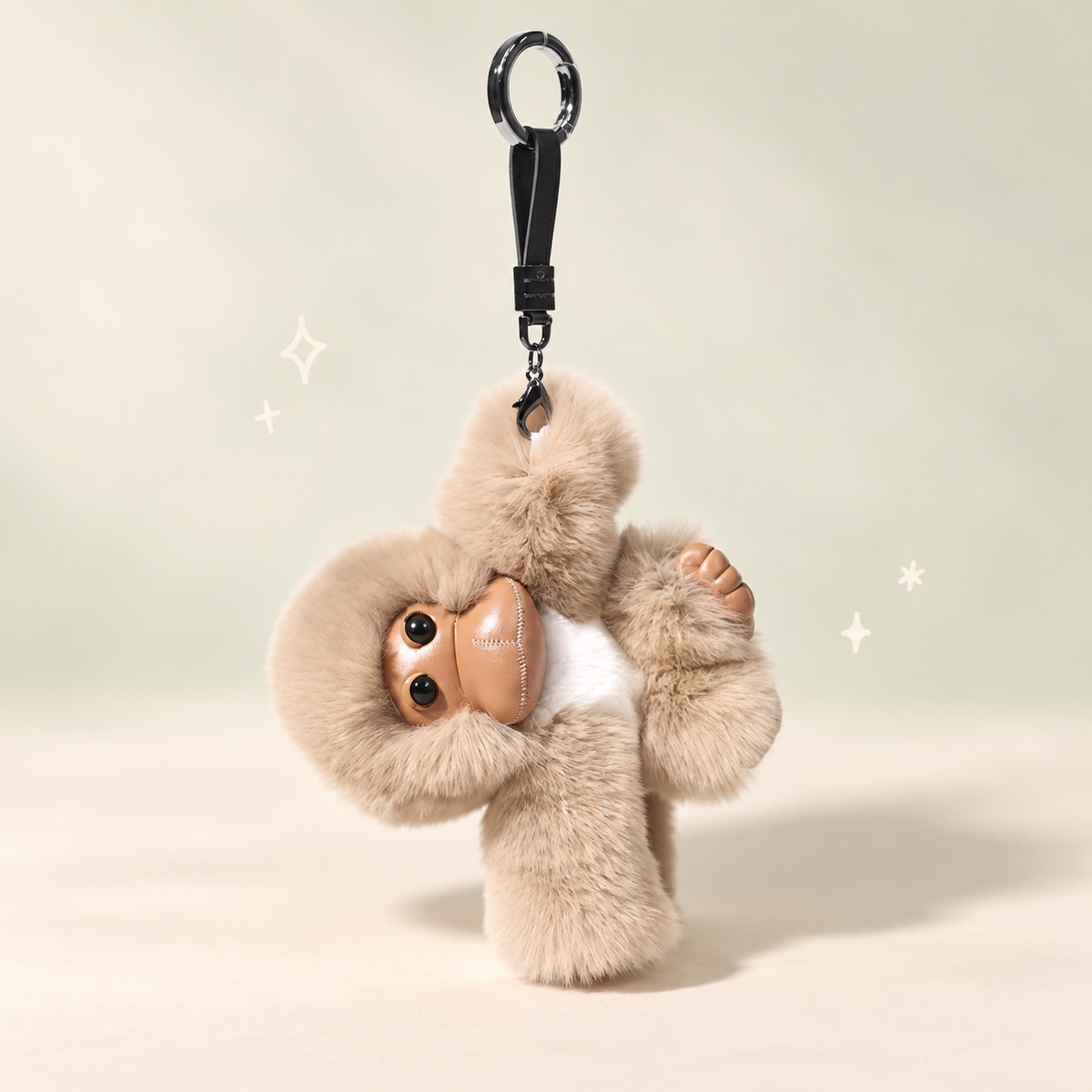 Furry Monkey Plush Charm on a softly lit cream and pastel background.