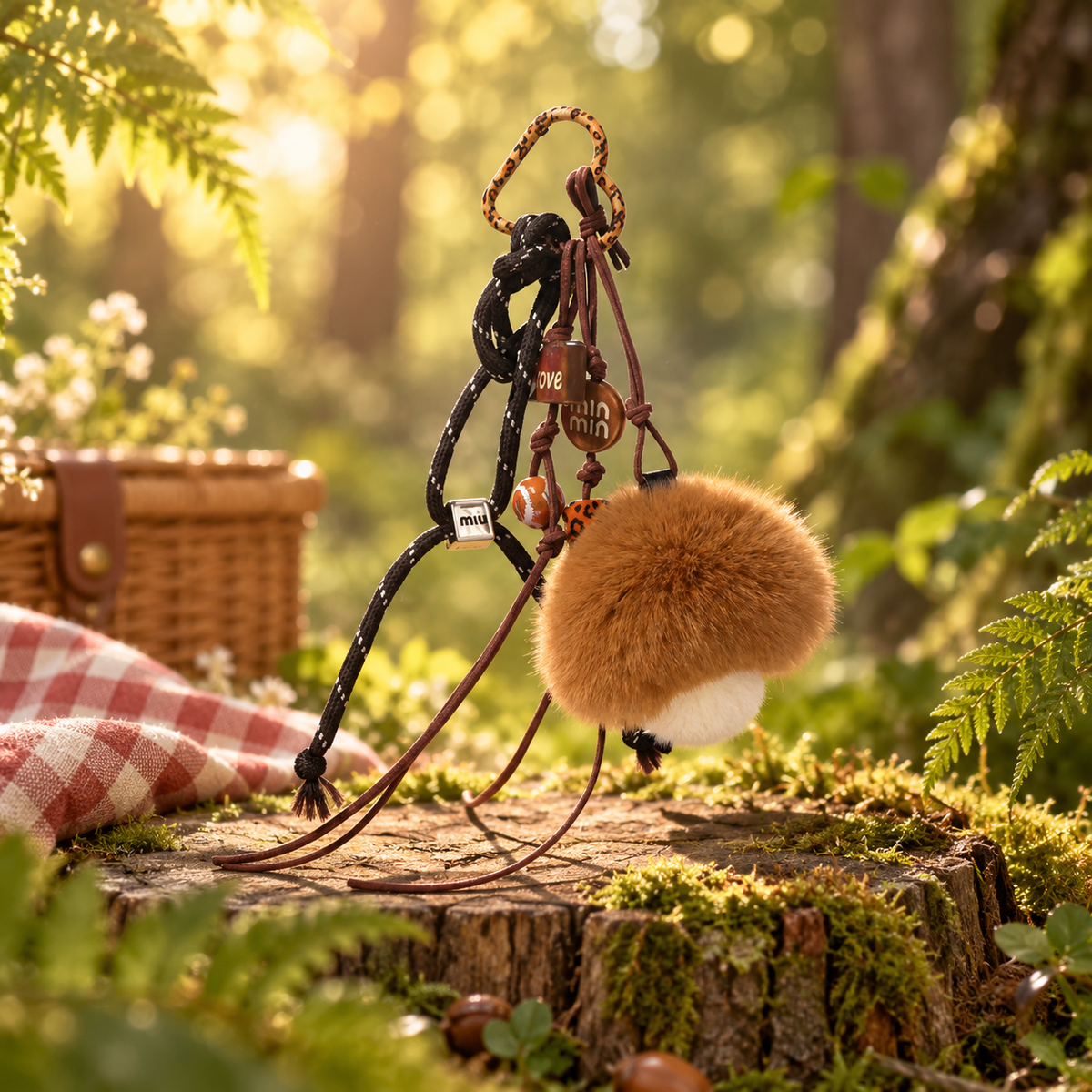 Fuzzy Mushroom Plush Charm in a richly styled storybook scene