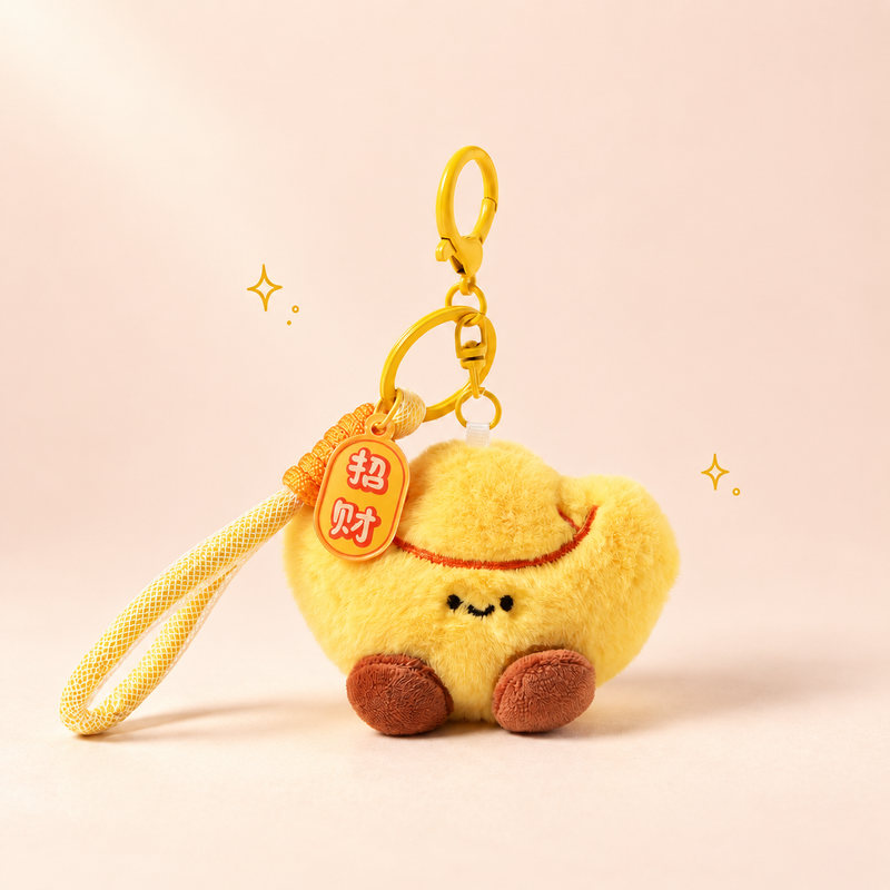 Golden Ingot & Gourd Plush Bag Charm on a soft pastel background
