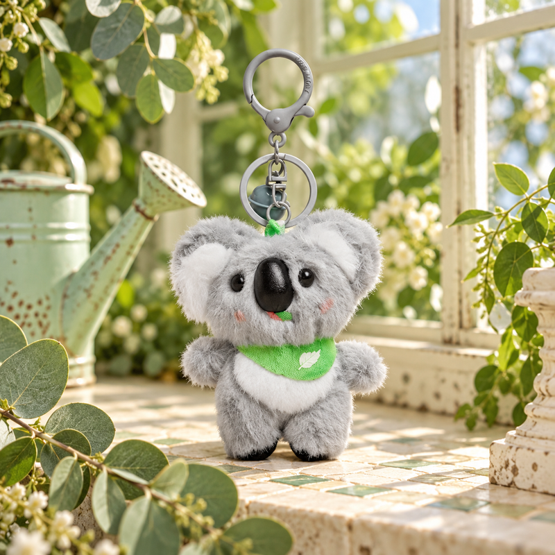 Green Scarf Koala Plush Charm in a styled storybook scene