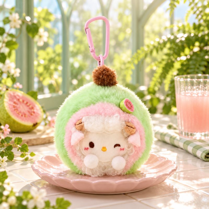 Guava Garden Lamb & Puppy Plush Charm in a styled storybook scene