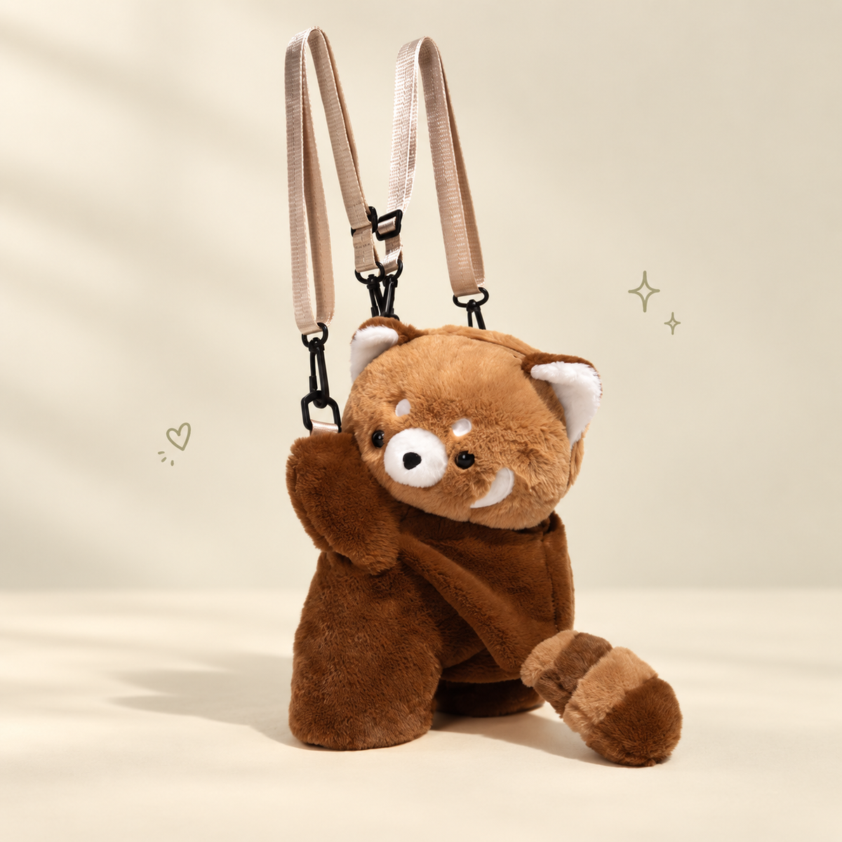 Kids’ Red Panda Plush Backpack on a softly lit cream and pastel background.