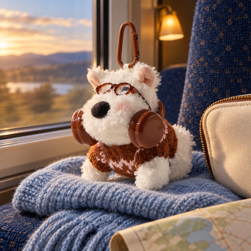 Lazy Pup Plush Charm in a styled storybook scene