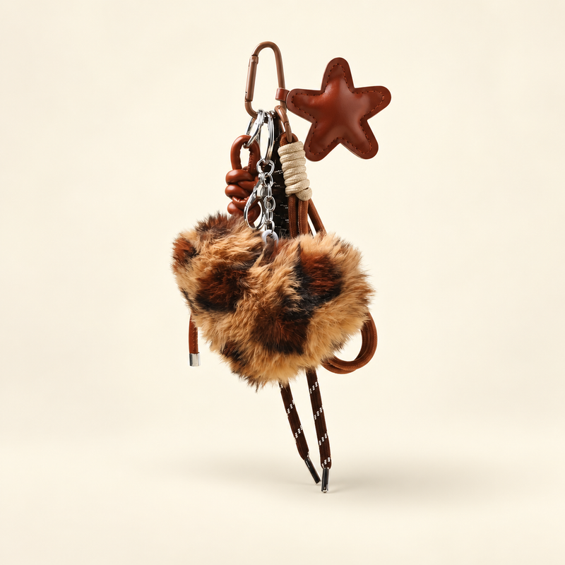 Leopard-print plush heart bag charm with star and knotted cords