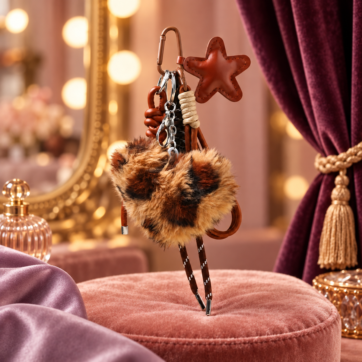 Leopard Heart & Pompom Bag Charm in a styled storybook scene