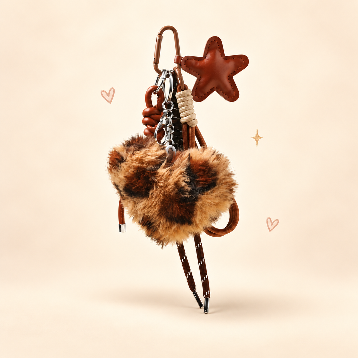 Leopard Heart & Pompom Bag Charm on a soft pastel background