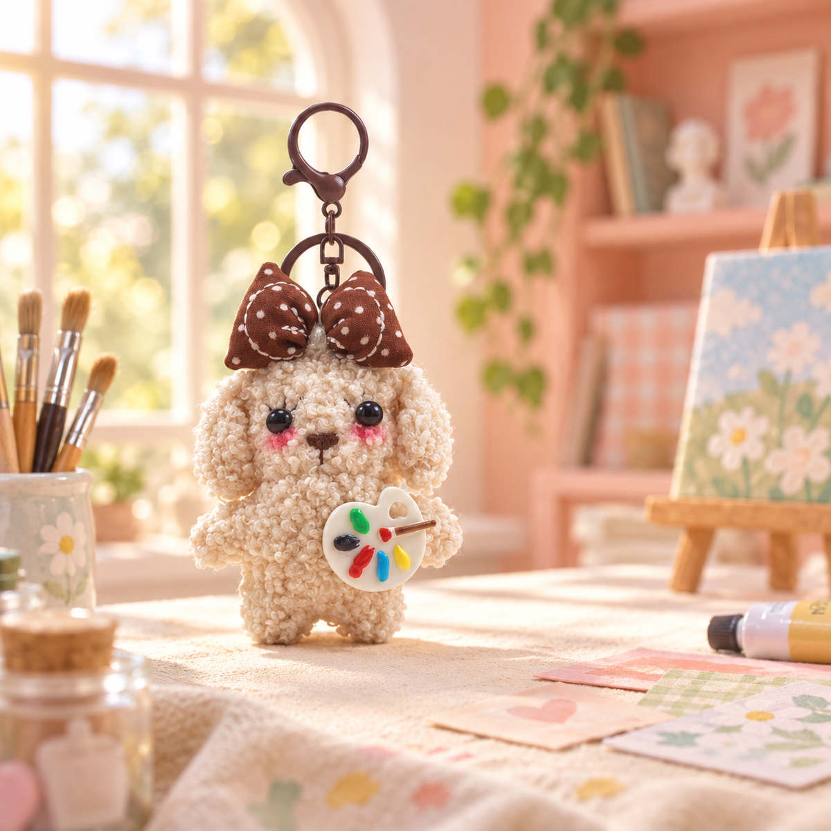 Painter Puppy Plush Charm in a styled storybook scene