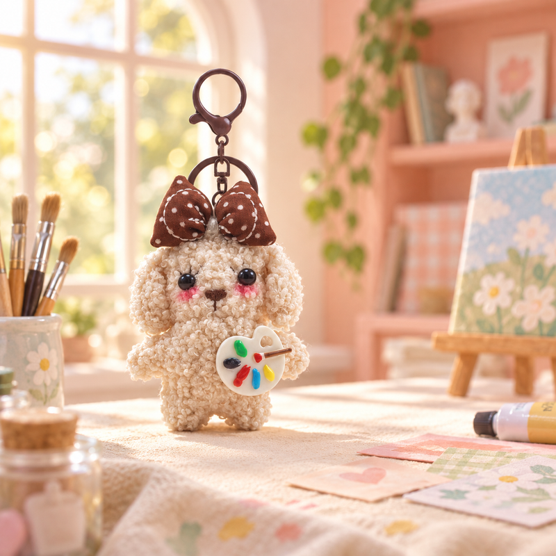 Painter Puppy Plush Charm in a styled storybook scene
