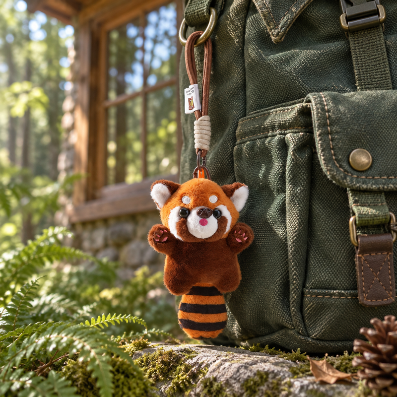 Playful Red Panda Keychain in a styled storybook scene