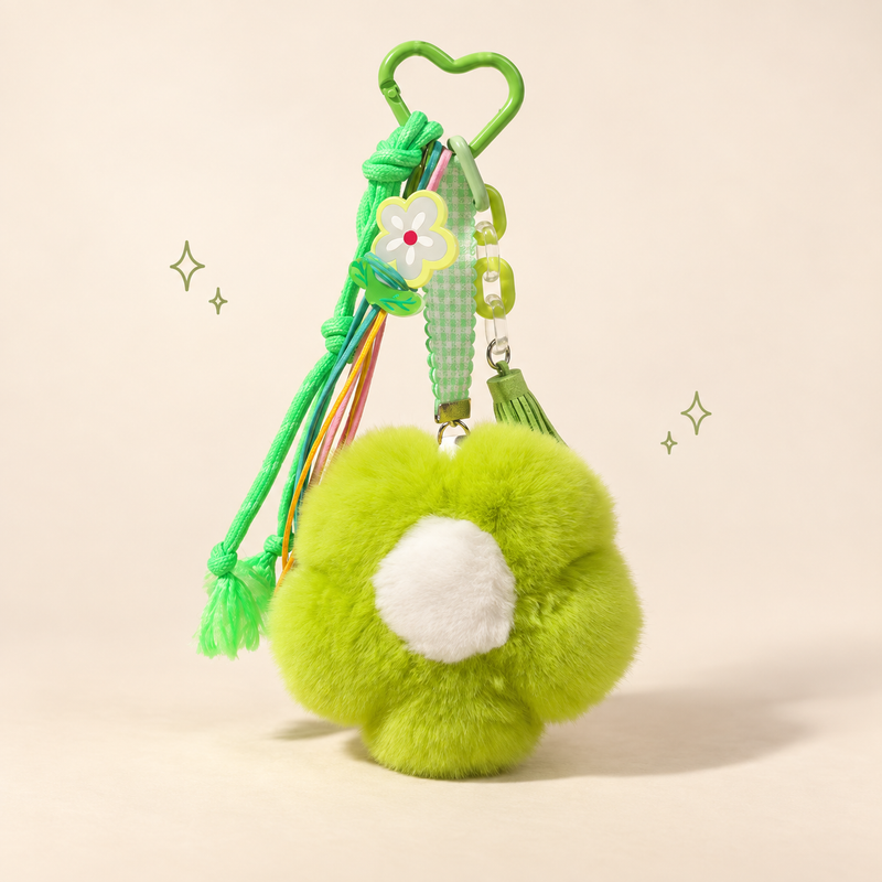 Plush Flower Charm on a softly lit cream and pastel background.