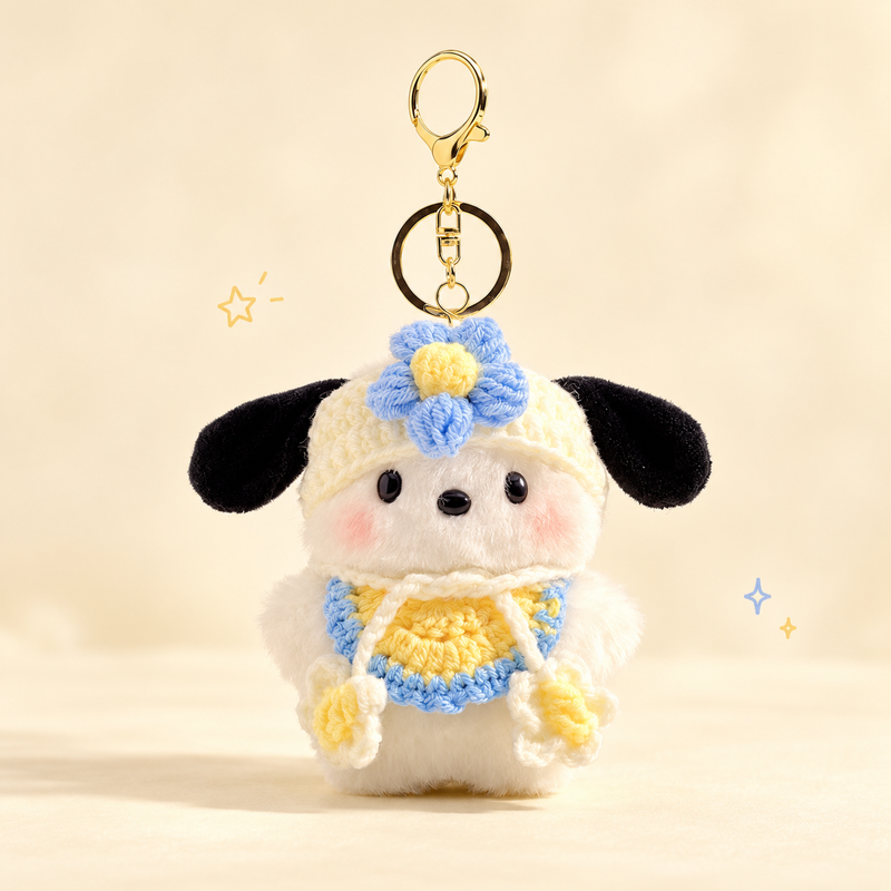 Pochacco Plush Keychain on a softly lit cream and pastel background.