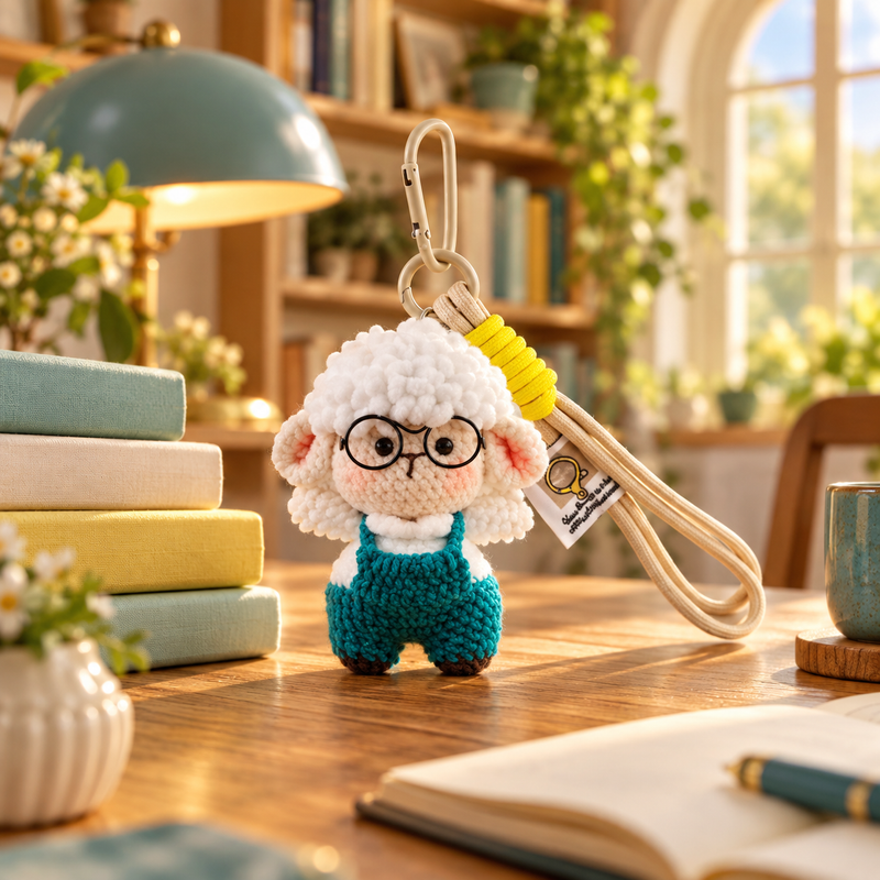 Professor Sheep Plush Charm in a styled storybook scene