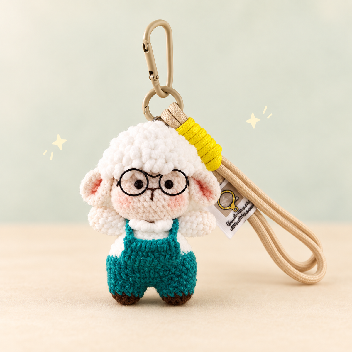 Professor Sheep Plush Charm on a softly lit cream and pastel background.