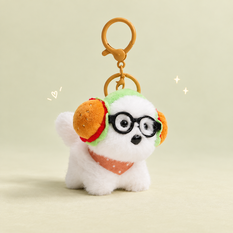Quirky Pup Keychain on a softly lit cream and pastel background.