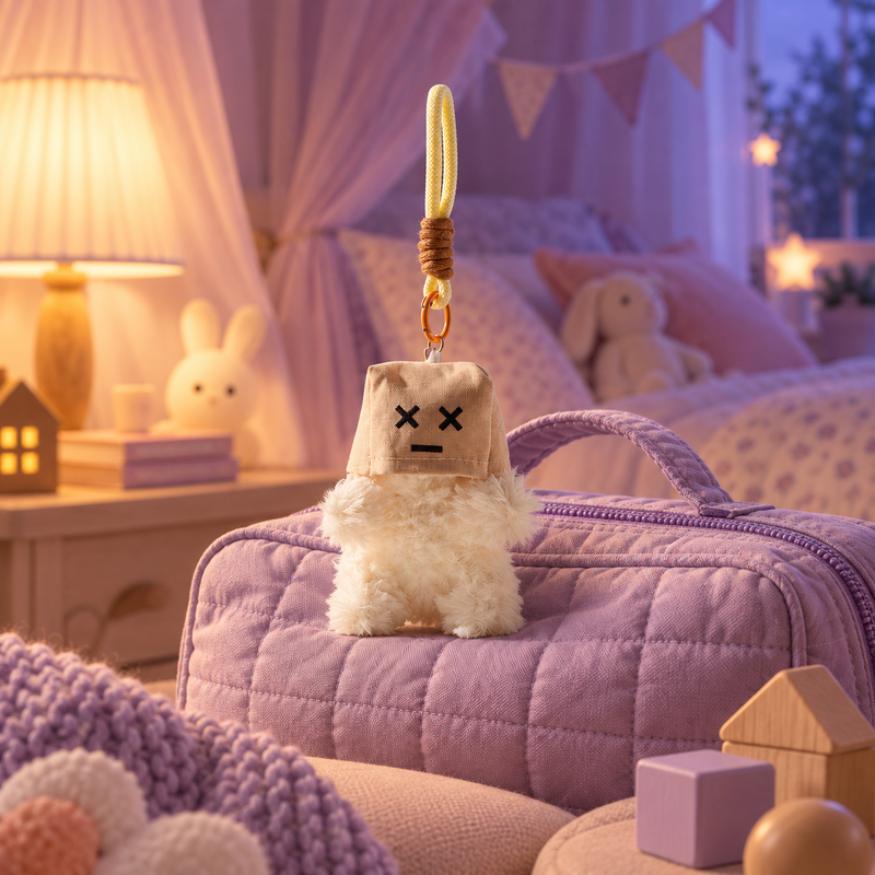 Shy Bear Plush Keychain in a styled storybook scene