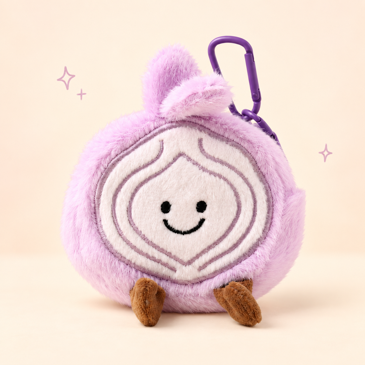 Smiling Lavender Onion Plush Coin Purse on a soft pastel background