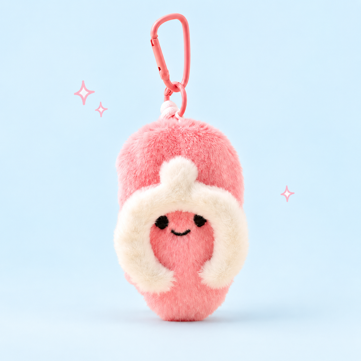 Smiling Mini Flip-Flop Plush Bag Charm on a soft pastel background