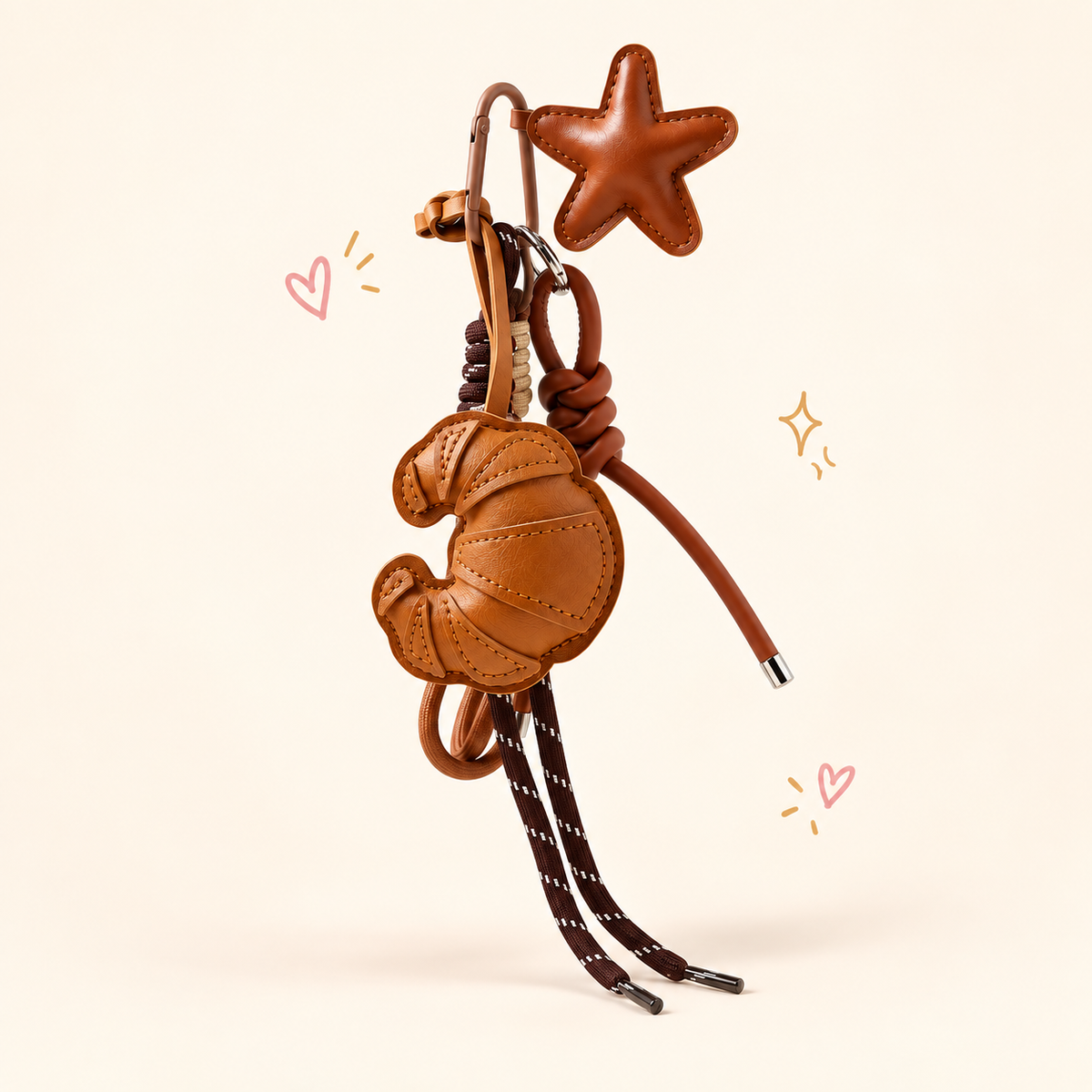 Star Accent Croissant & Schnauzer Bag Charm on a softly lit cream and pastel background.
