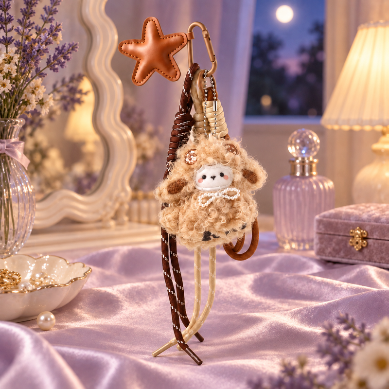 Star Accent Curly Lamb Bag Charm in a styled storybook scene