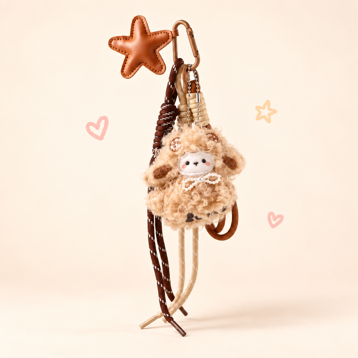 Star Accent Curly Lamb Bag Charm on a softly lit cream and pastel background.