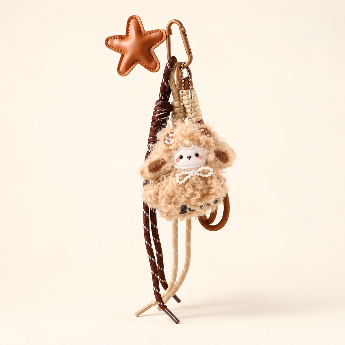 Brown curly lamb bag charm with a star accent and knotted cords