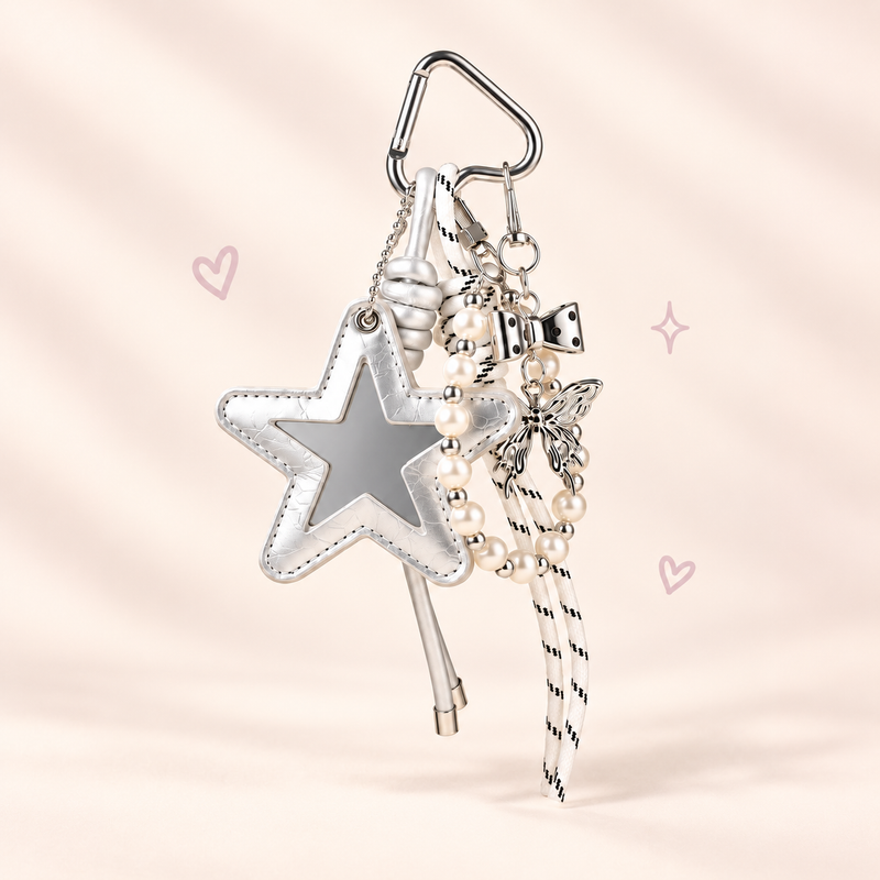 Star Mirror & Beaded Cord Bag Charm on a soft pastel background