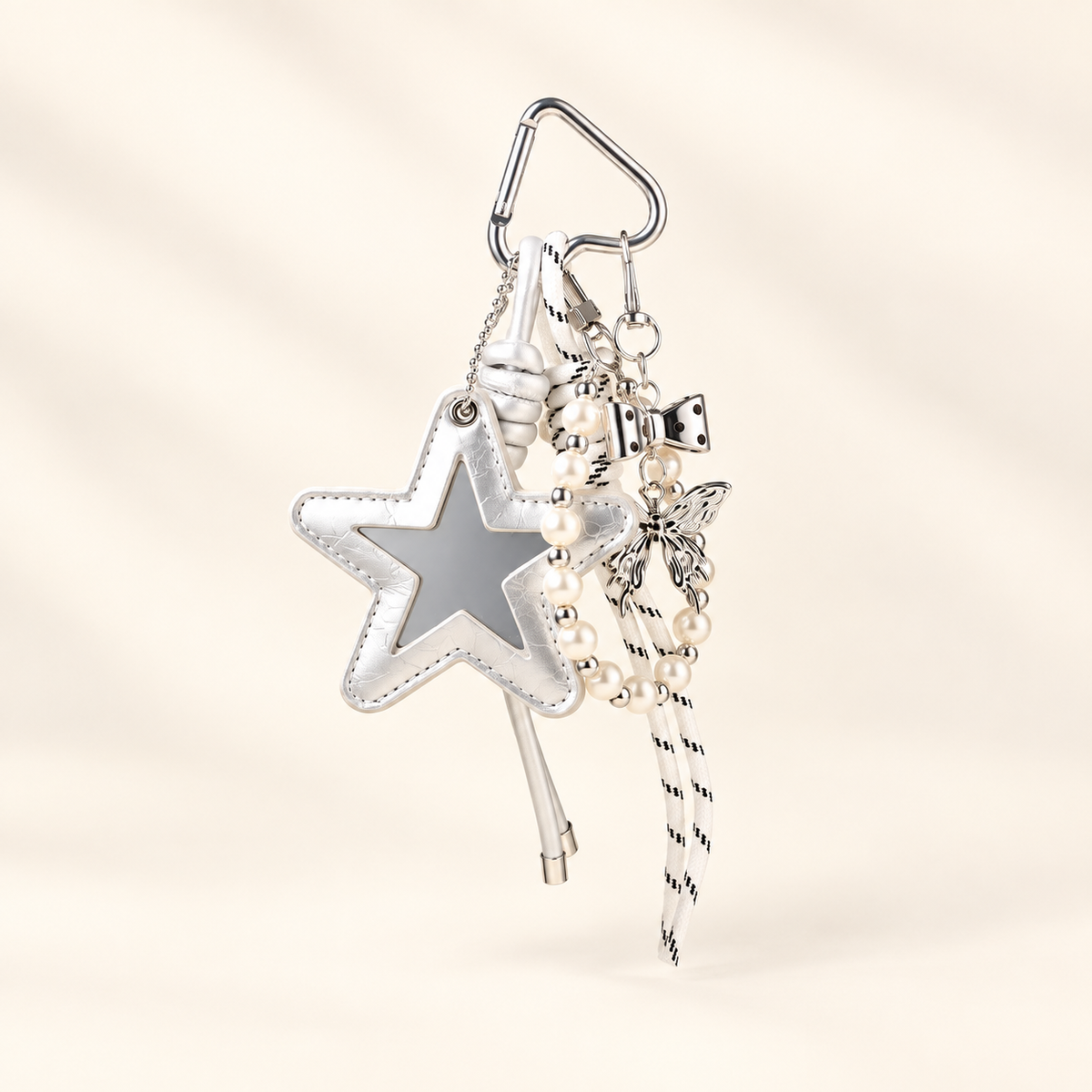 Silver star mirror bag charm with cords and pearl-look beads