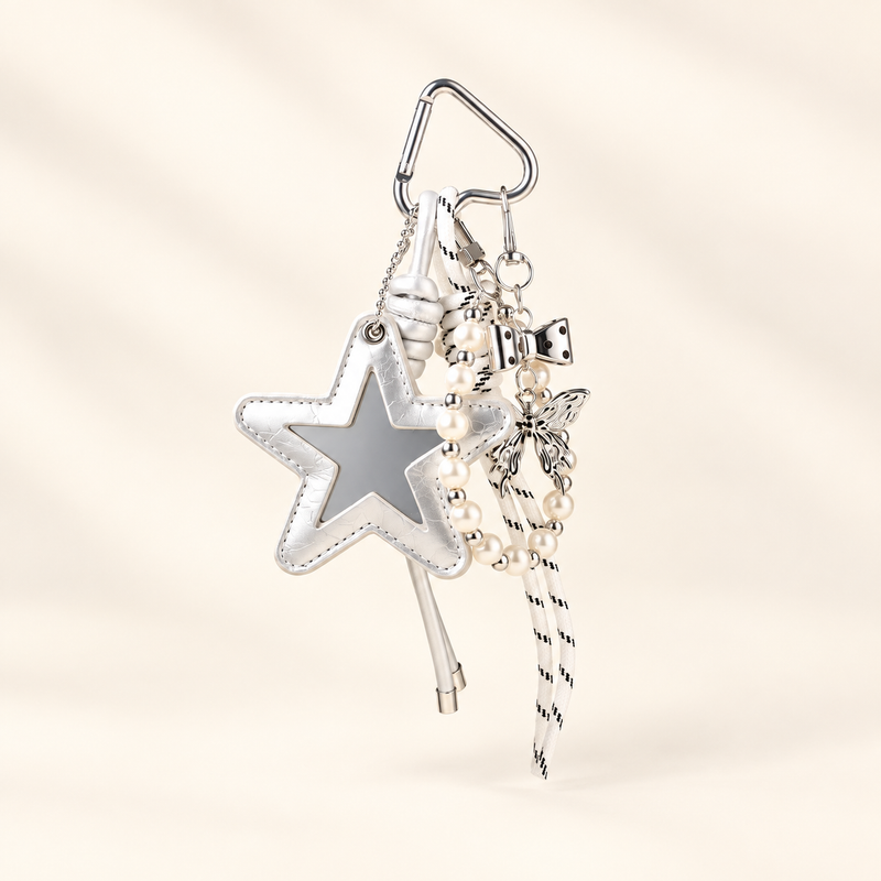 Silver star mirror bag charm with cords and pearl-look beads
