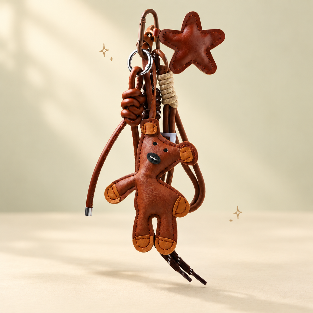 Stitched Star Animal Bag Charm on a soft pastel background