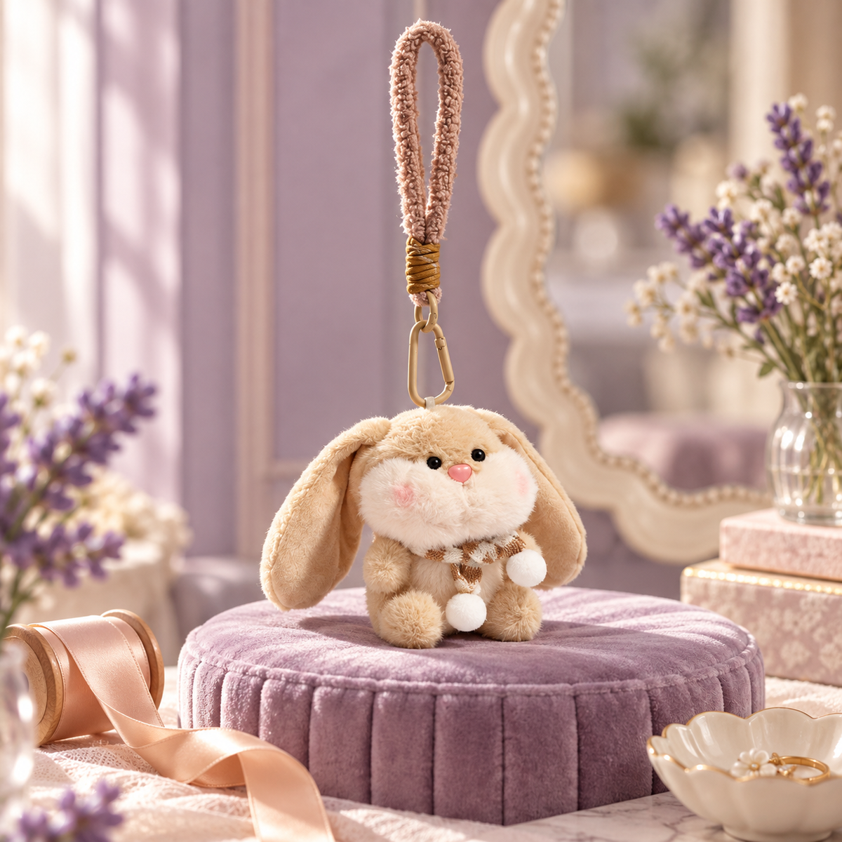 Sweet Bunny Keychain in a styled storybook scene