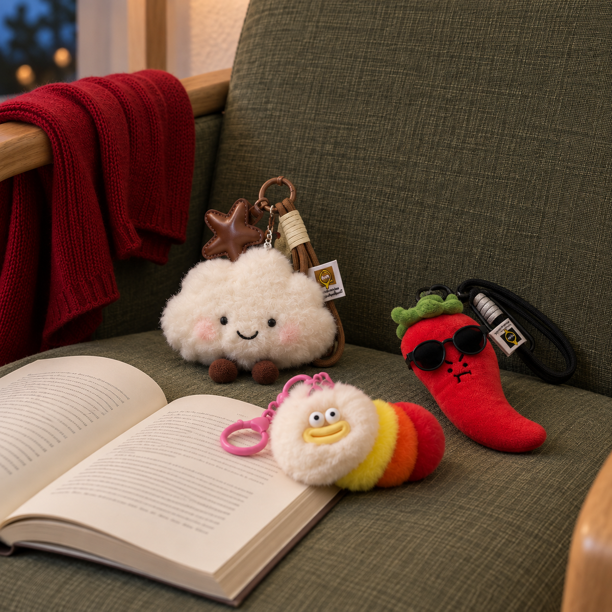 Cloud, chili and colourful caterpillar plush charms beside an open book on a green chair.
