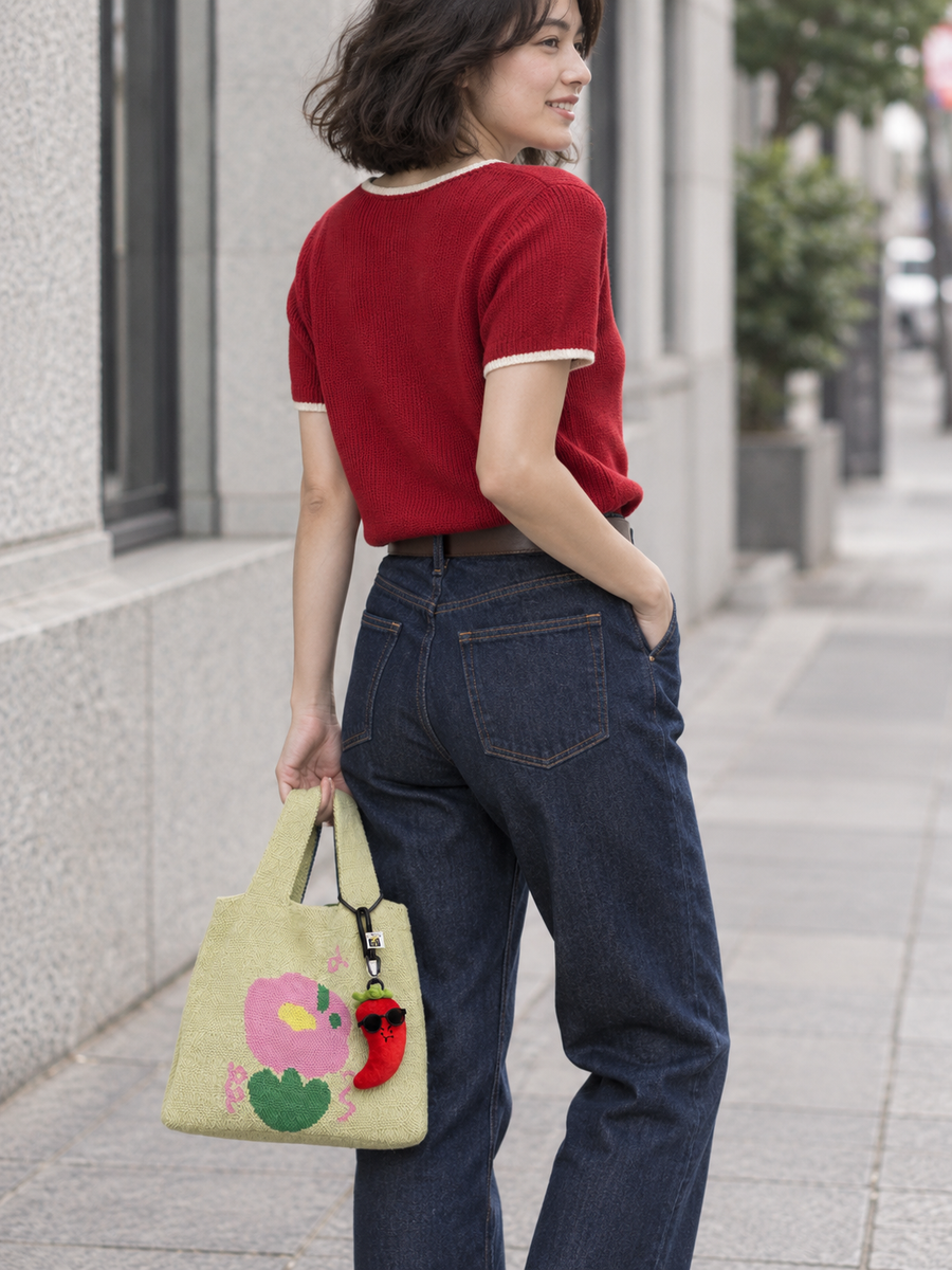 A woman in a cherry-red knit top carrying a flower knit tote with a small red chili charm.