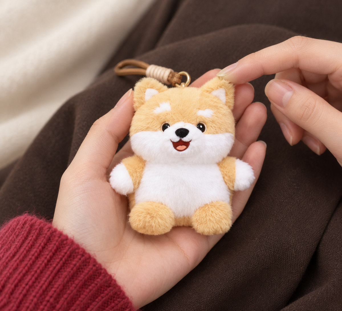 A golden and white puppy plush keychain resting in a hand, with a fingertip gently touching its soft ear.